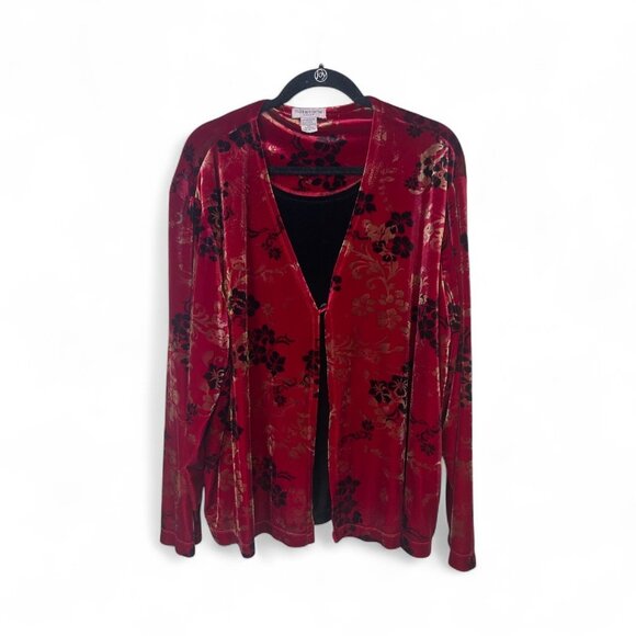 Womens 3X Blouse Floral Faux Suede Layered Burgundy Red Black Tank Stretch Flowy - Picture 1 of 12